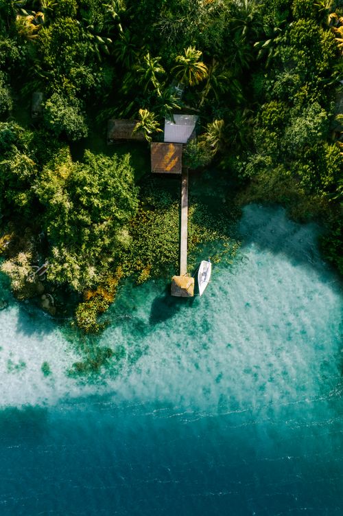 Free Bird's eye view of a serene tropical setting in Tulum, featuring lush palm trees and azure waters. Stock Photo