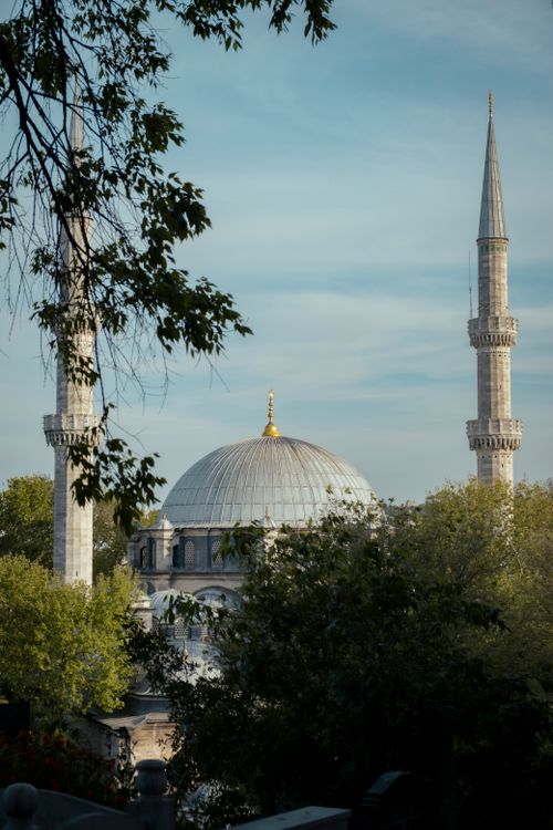 Free Scenic view of a mosque with a prominent dome and minarets framed by trees in Istanbul. Stock Photo