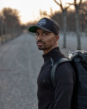 一名身穿黑衣、头戴帽子的男子背着背包，走在一条安静的路上