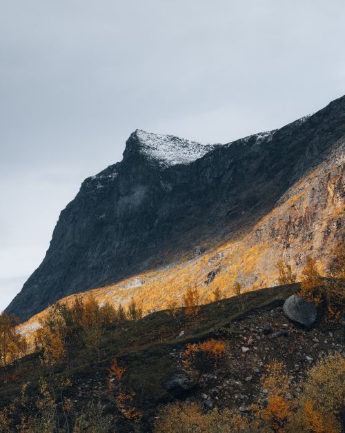 Free Capture of a majestic mountain with autumn trees and overcast skies, perfect for nature lovers. Stock Photo