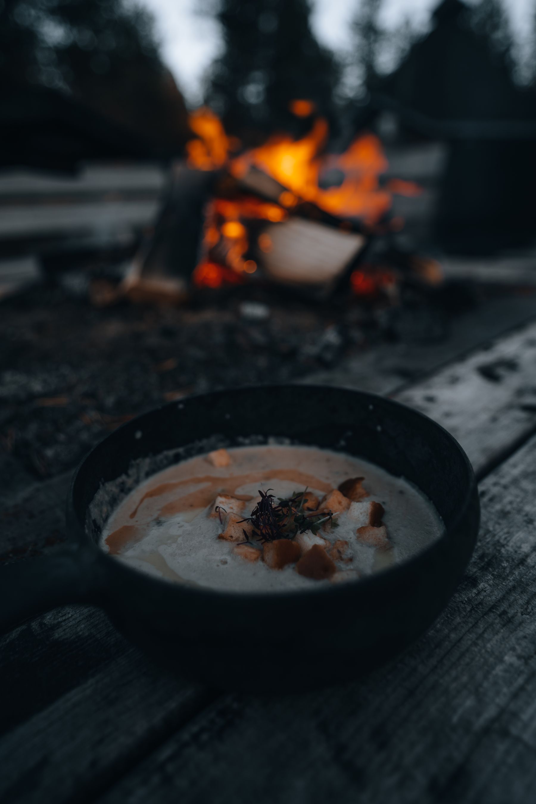 Warm prepared camping meal served outdoors