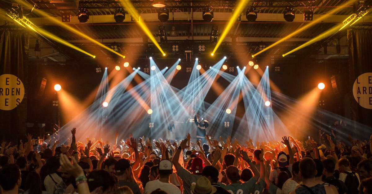Photo by Thibault Trillet Energetic music concert scene with bright lights and a lively cheering crowd indoors.