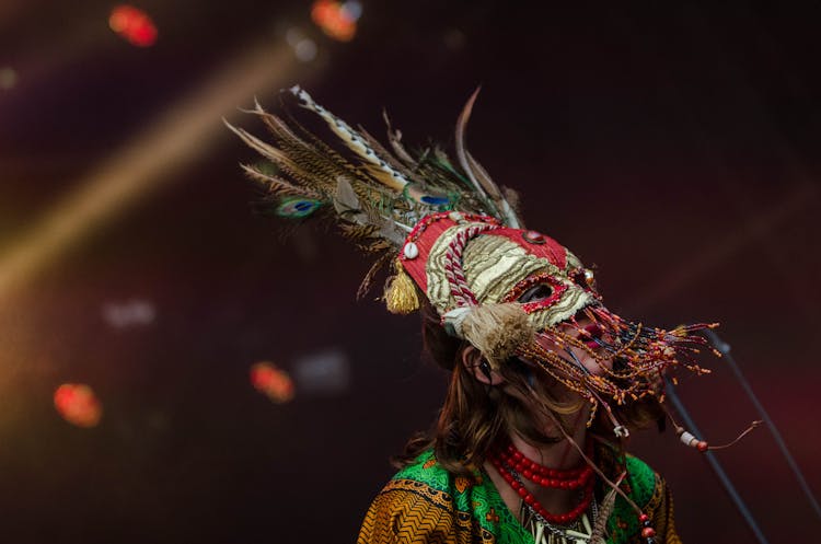 Red Grey Feathered Festival Mask