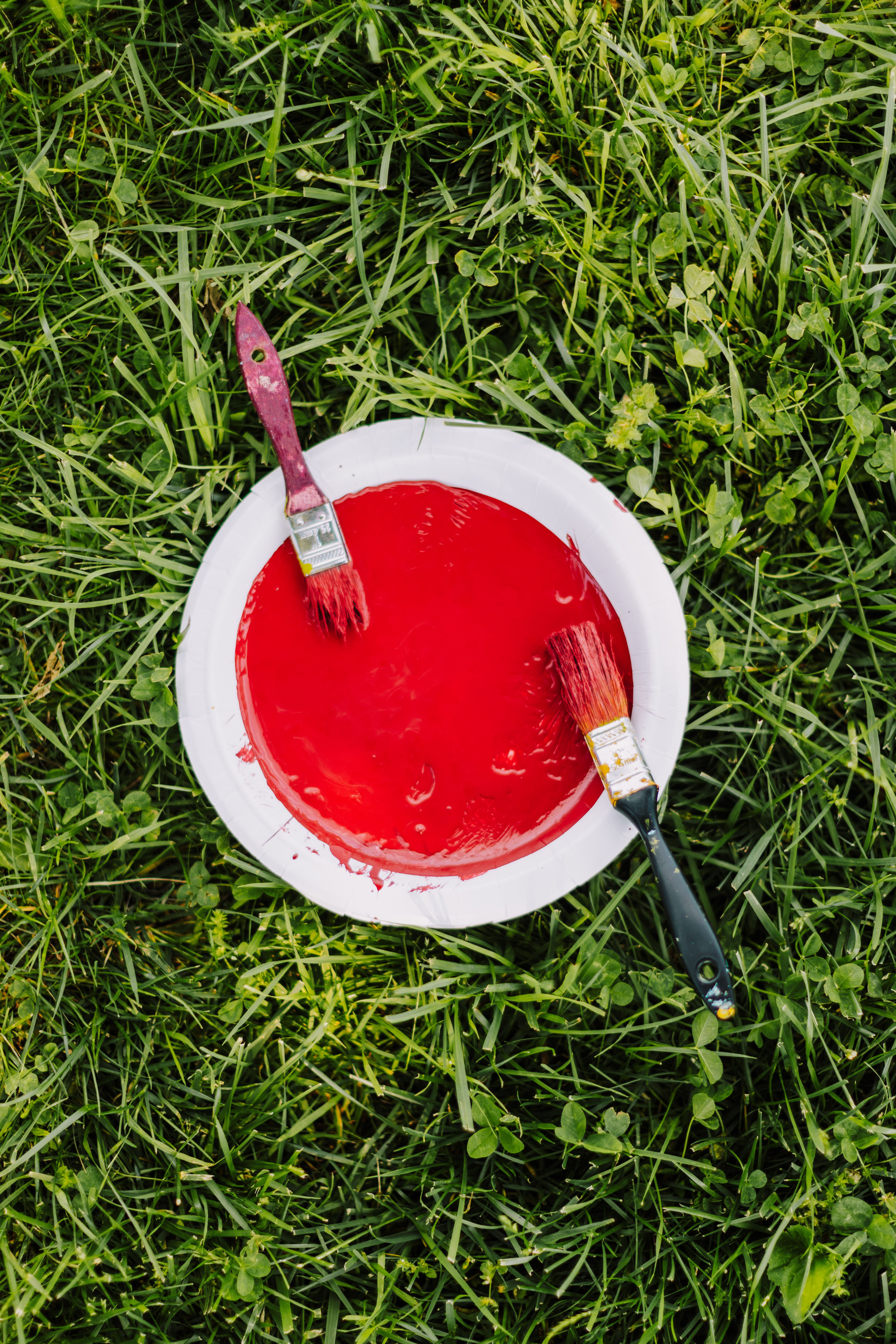 A high-angle shot of red paint and brushes placed on a grassy field.