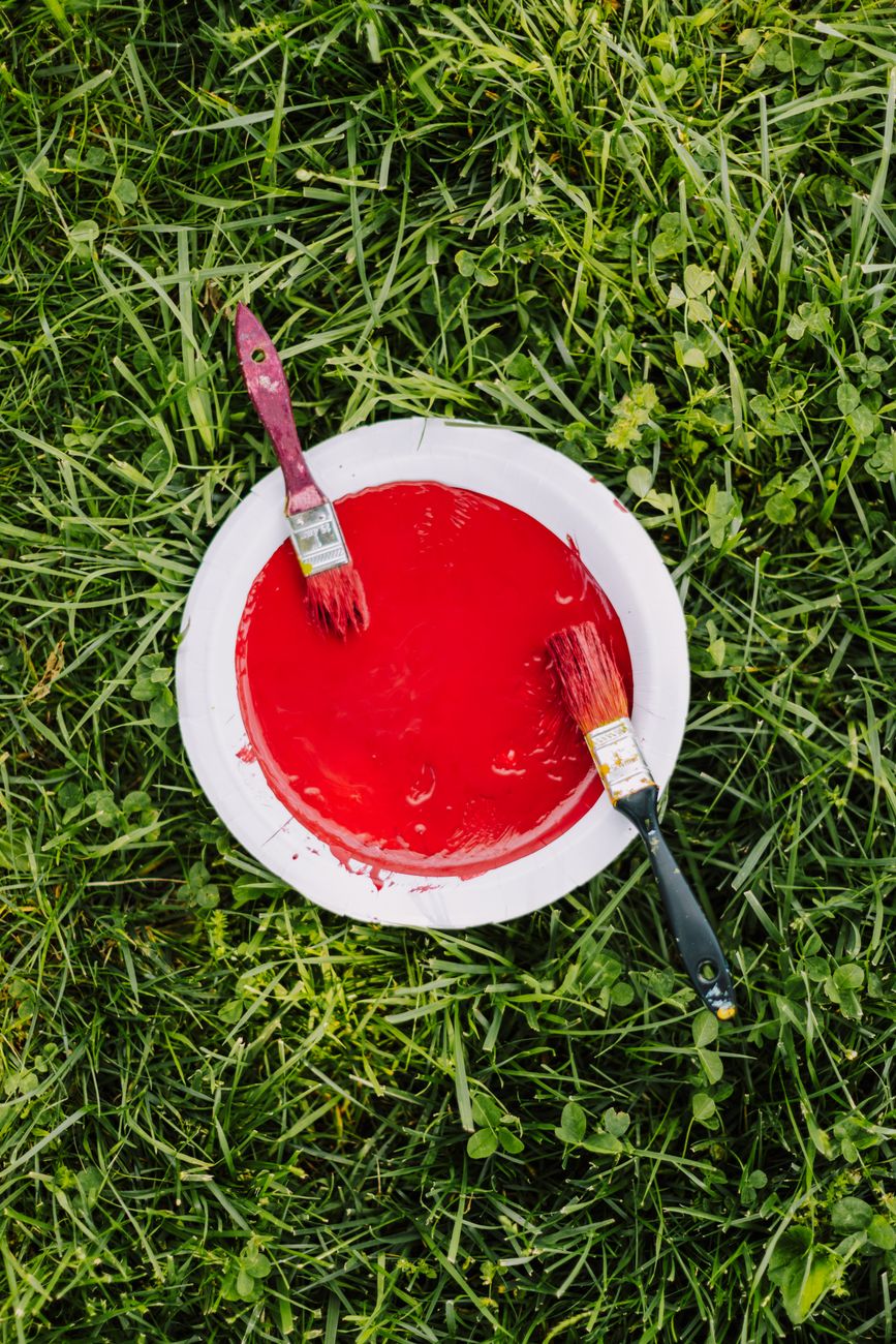 A high-angle shot of red paint and brushes placed on a grassy field.