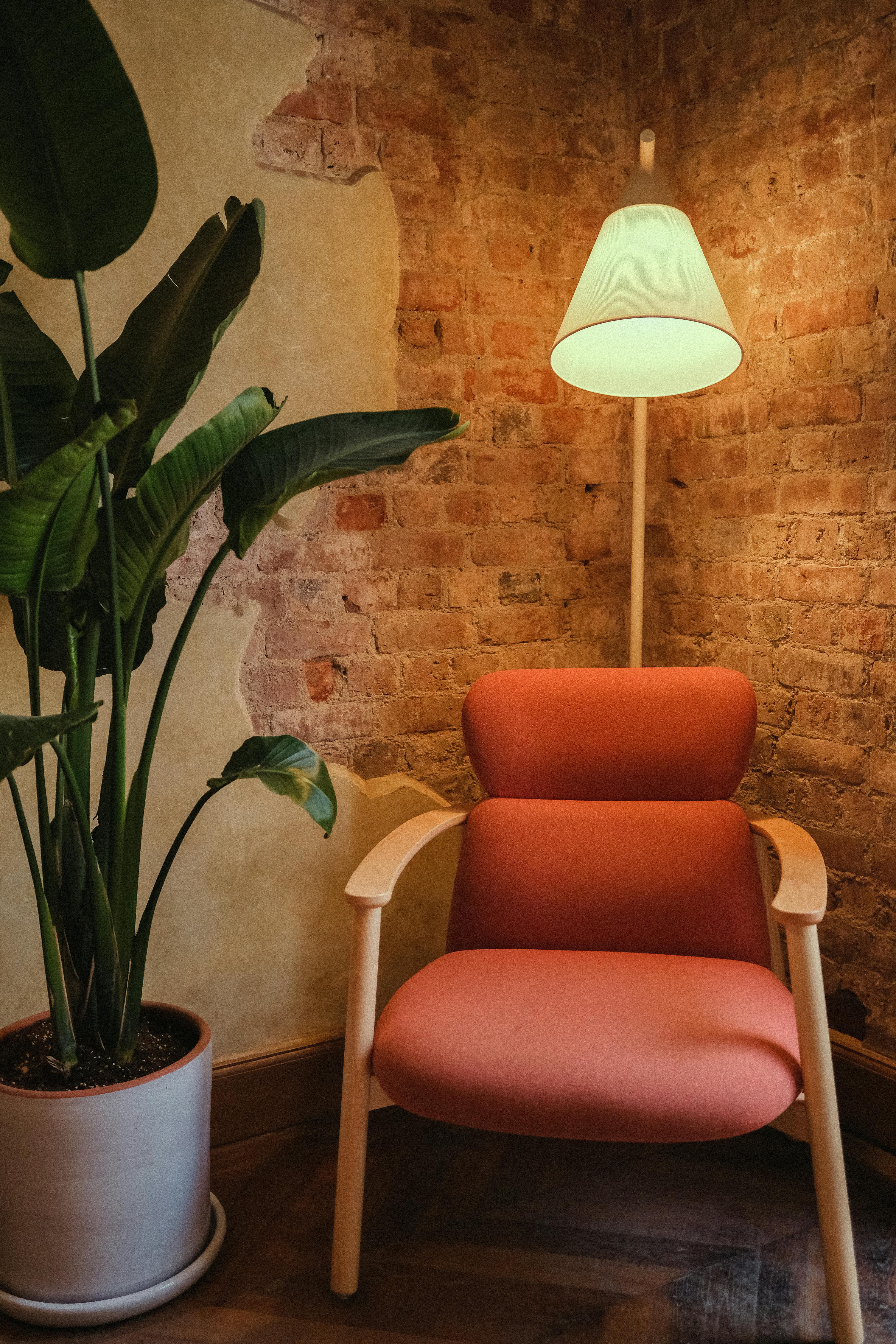 Free Warm and inviting corner with a cozy armchair, potted plant, and soft lighting for relaxation. Stock Photo