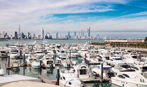 Motor Yachts Moored in Marina with City Skyscrapers behind