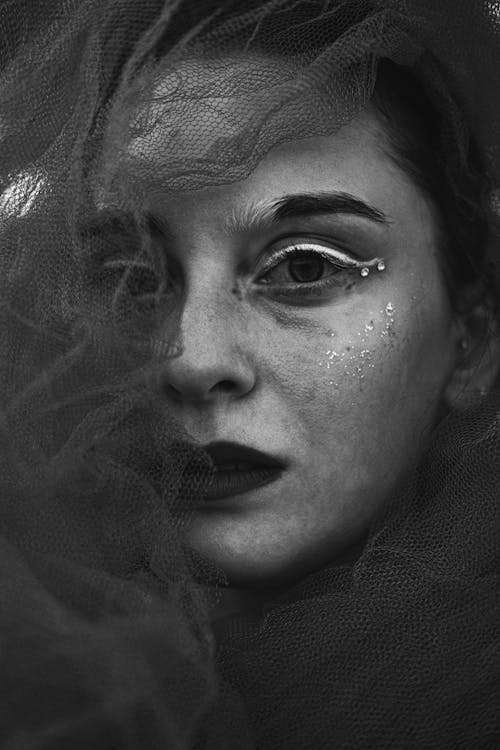 Creative Portrait of a Woman with Tulle Fabric around Her Face