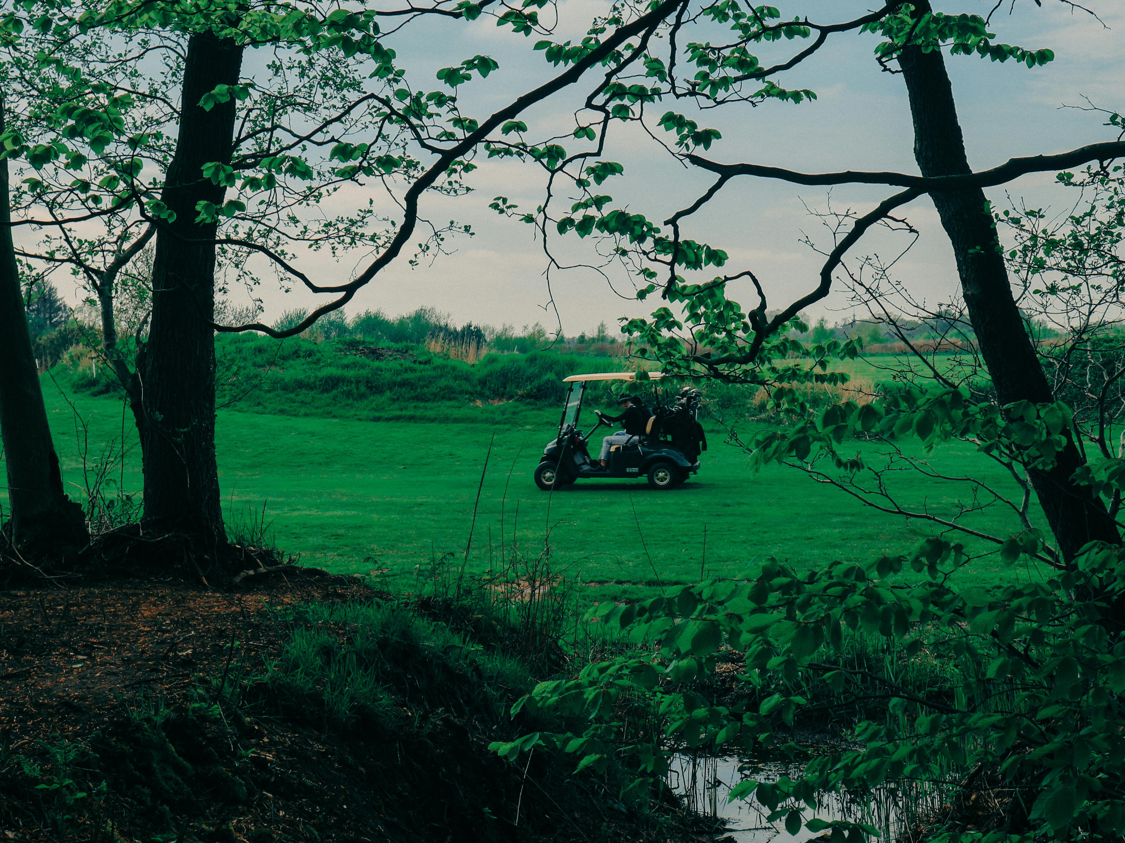 people in a golf cart on a golf court