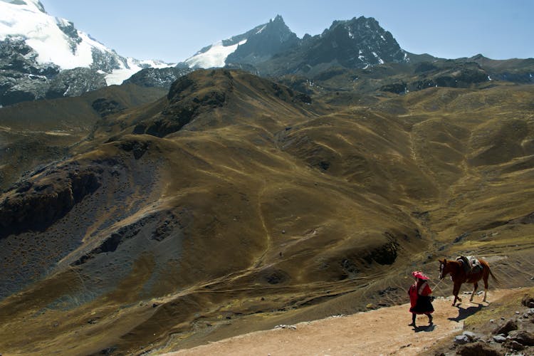 Woman Leading Horse In Mountains