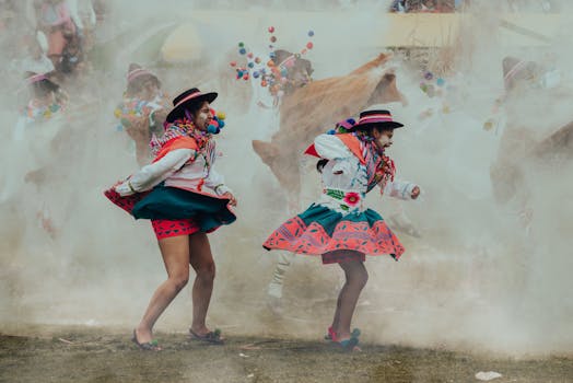 Colorful traditional dance performance in Lucre, Cuzco, Peru.
