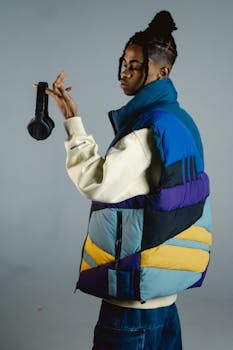 Young DJ with dreadlocks poses in a studio, holding headphones. Modern urban fashion with vibrant padded vest.