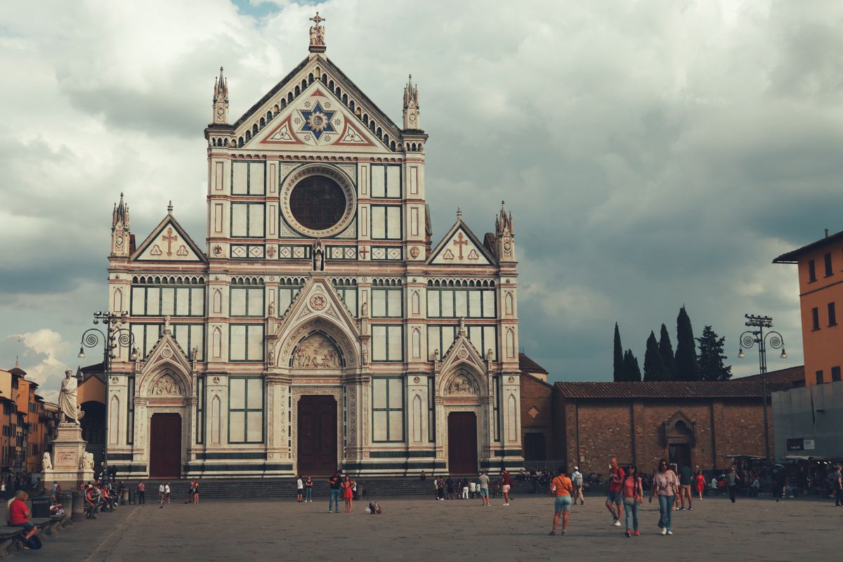 Piazza Santa Croce Florence with sand-filled arena prepared for Calcio Storico historical football match