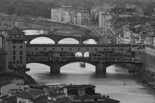 Free Black and white aerial view of Ponte Vecchio and Florence cityscape in Italy. Stock Photo