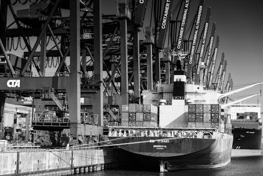 Monochrome photo of a large container ship docked at a bustling industrial port.