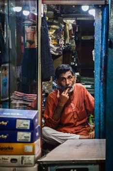Man sitting inside a small shop stall, surrounded by various goods, looking contemplative.