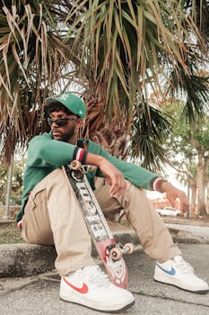 Casual urban fashion portrait of a young man sitting with a skateboard under palm trees.