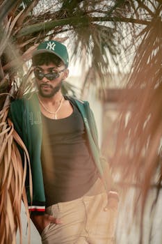 A fashionable man in green cap and sunglasses leaning against a palm tree outdoors.
