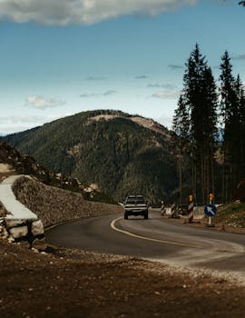Car travels on a winding mountain road in Bolzano, surrounded by forests and hills.
