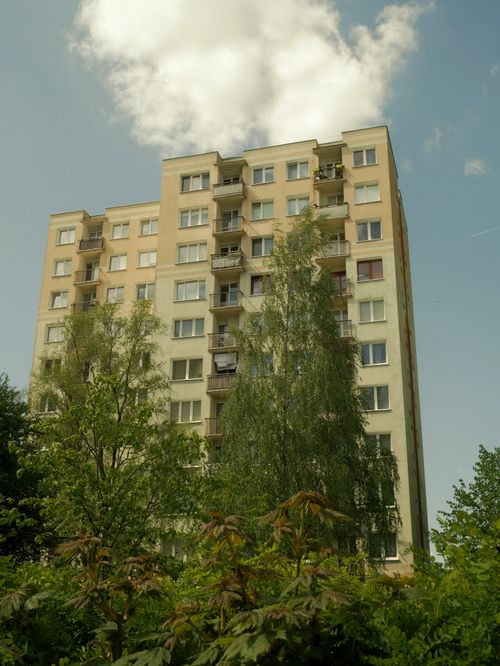 Free Street view of a residential high-rise building in Zielona Góra, Poland. Stock Photo