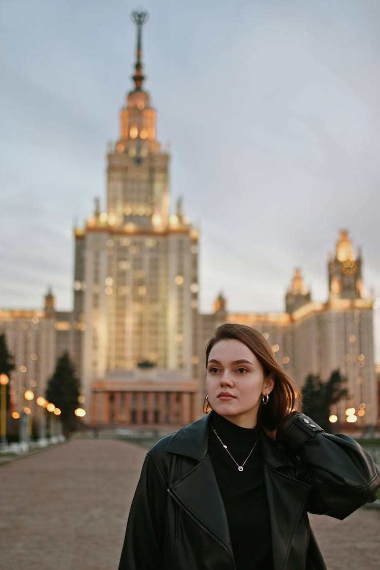 A Woman In Front Of University In Moscow