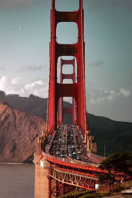 Free Stunning view of the Golden Gate Bridge filled with traffic under a clear sky, perfect for travel inspirations. Stock Photo