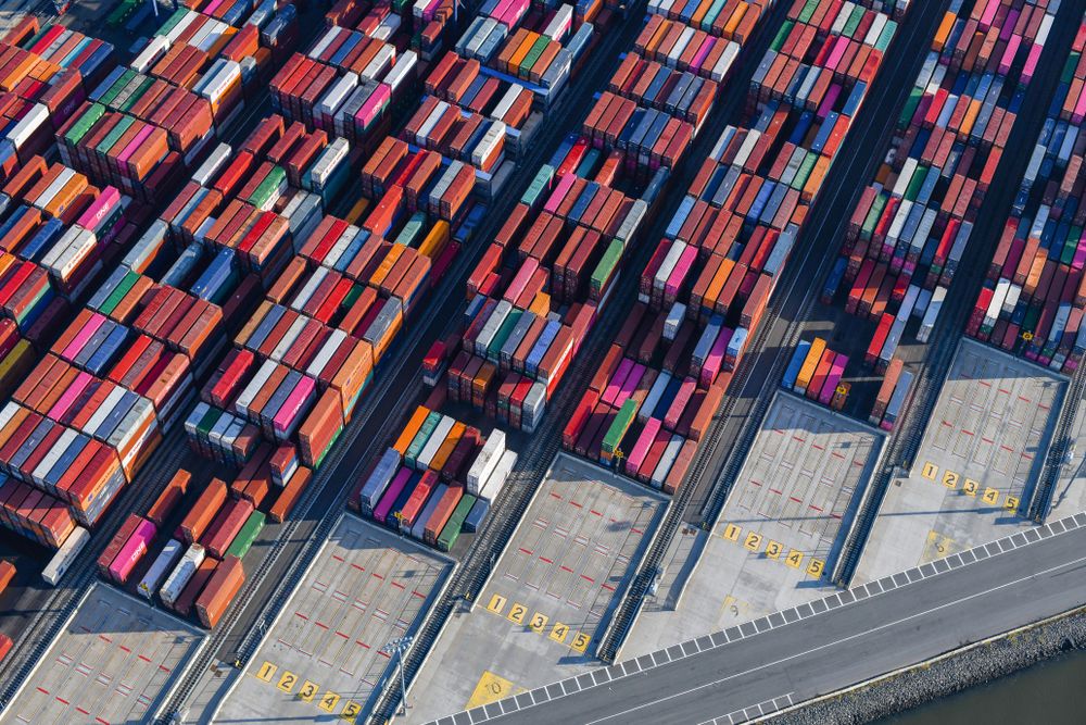 Containers in a harbor seen from above