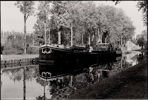 Steamboat on River in Black and White