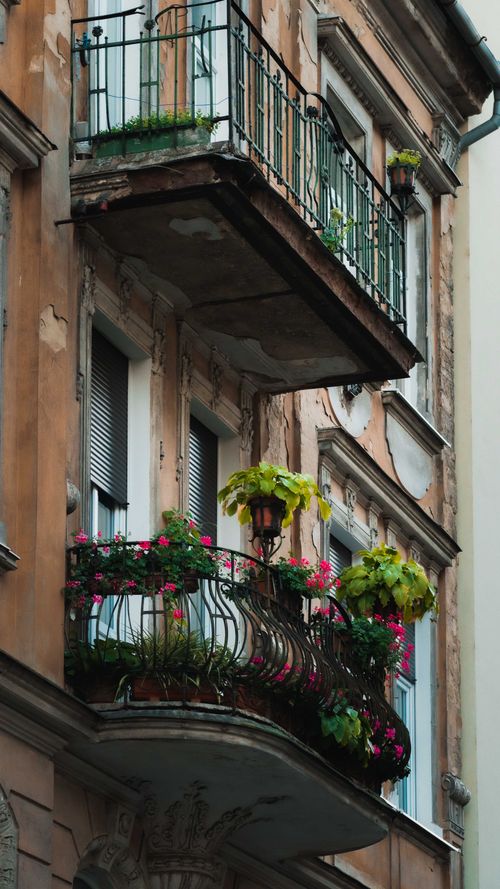 Free Charming urban balcony adorned with vibrant plants and flowers on a rustic building facade. Stock Photo