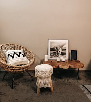 Stylish bohemian living room with a wicker chair, macrame stool, and wooden table in Frankfurt.