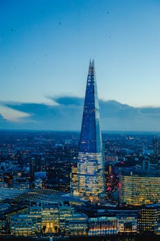 Stunning view of The Shard illuminated against the London skyline at twilight, highlighting urban architecture.