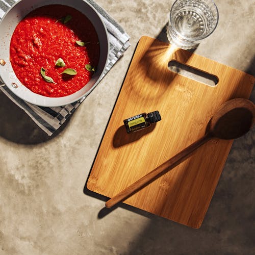 Wooden Tray and Tomato Cream in a Kitchen 