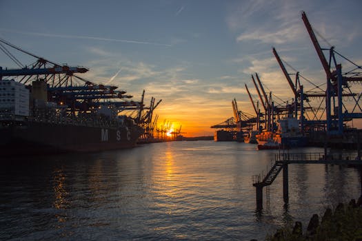 Shipping vessels at Hamburg port during a vibrant sunset, showcasing industrial cranes. by Klaus