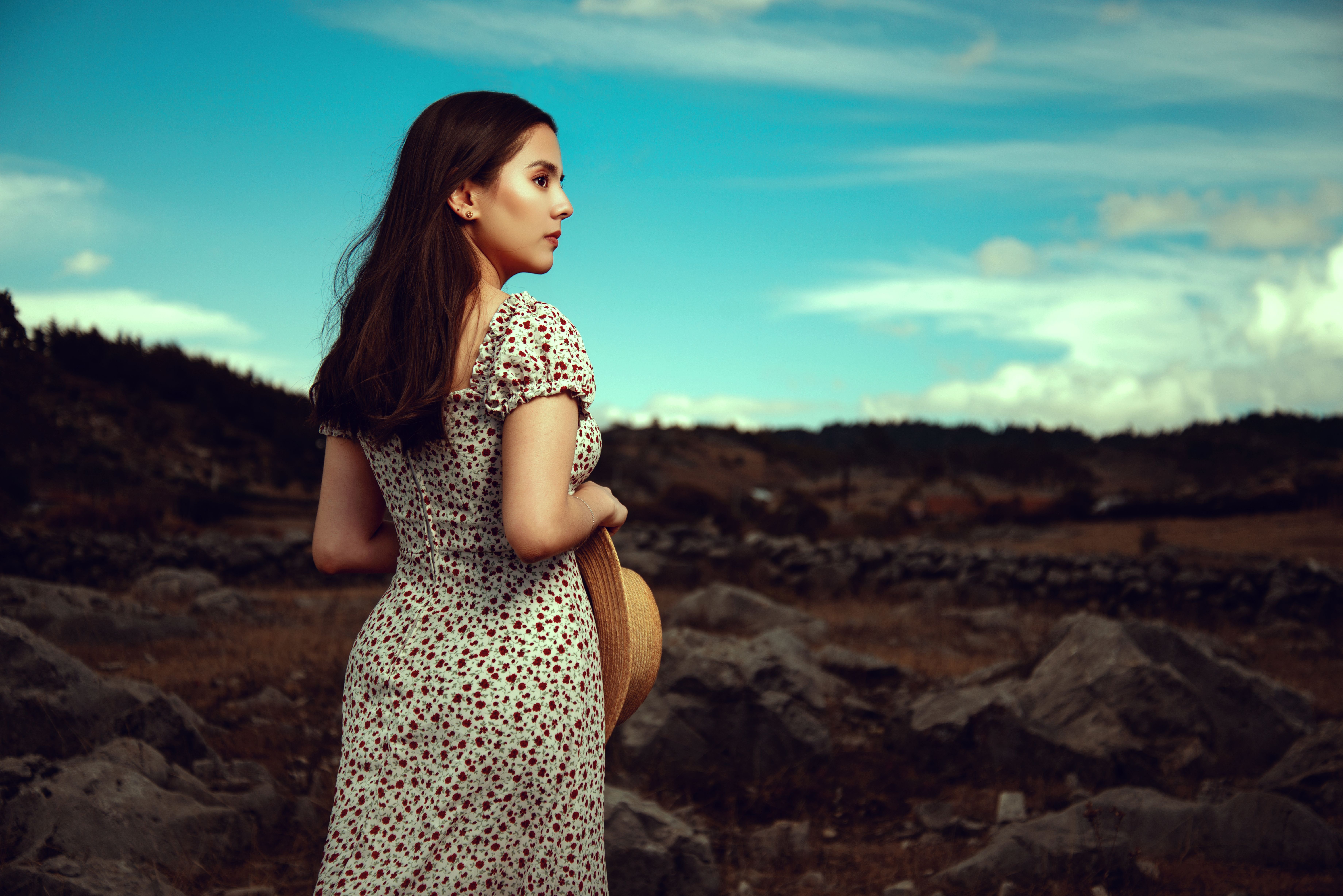 Photo of a Woman Wearing a Summer Dress Contemplating a Landscape ...