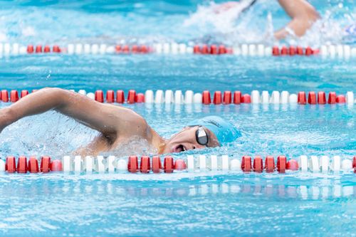 Free Swimmer in action during a competitive race at an outdoor swimming pool. Stock Photo