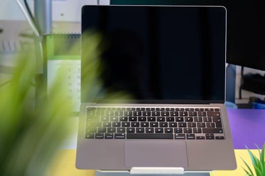 A sleek laptop with a blank screen on a colorful office desk with blurred plants.