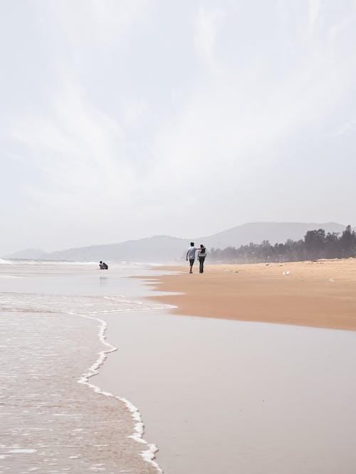 Back View of a Couple Walking on the Beach on a Cloudy Day
