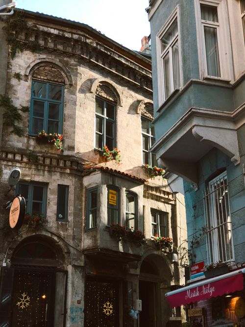 Free Elegant residential architecture with potted flowers and ornate facades in a vibrant urban setting. Stock Photo