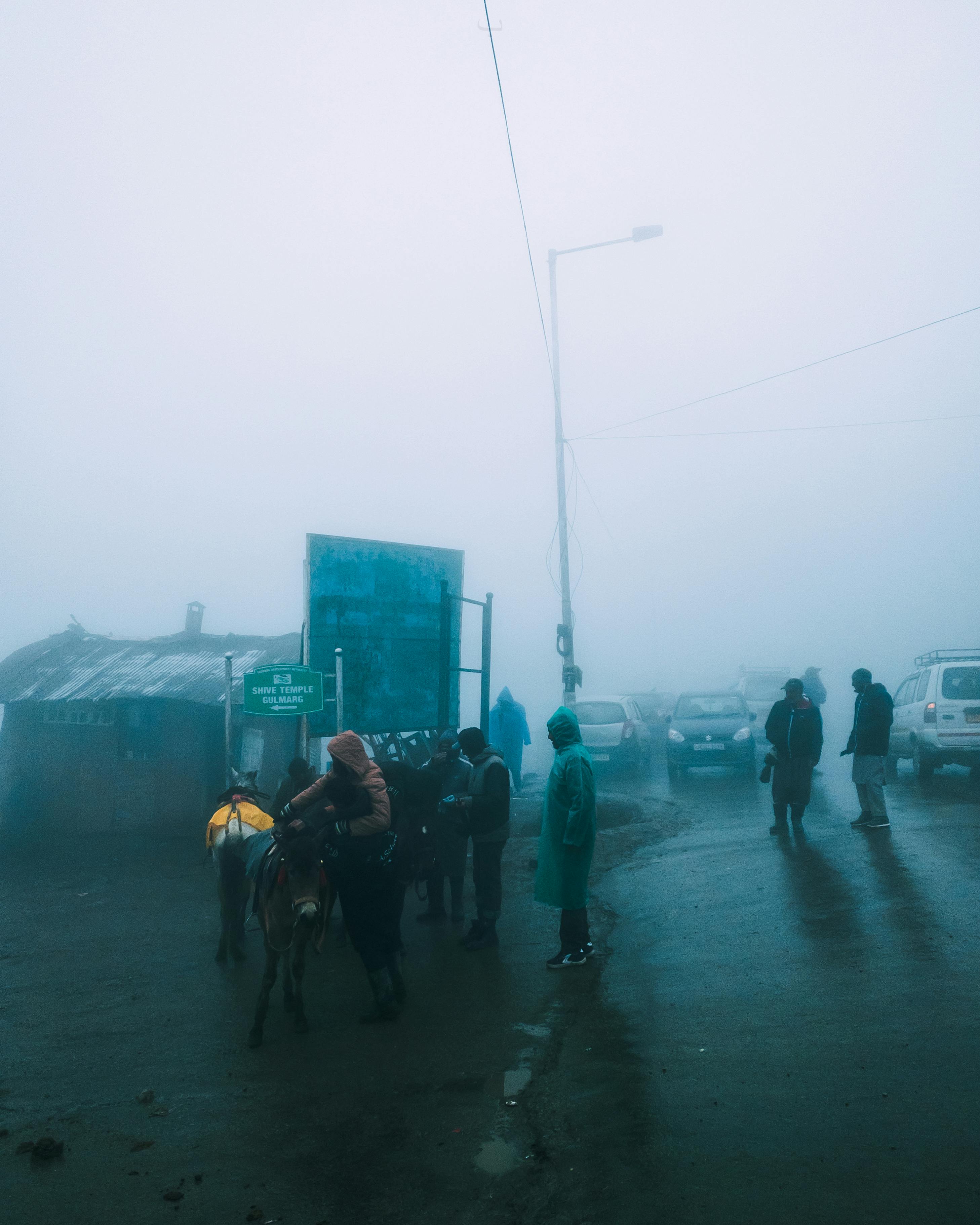 people with horse in village under fog