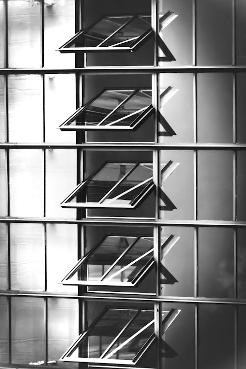 A black and white photo of a window with many windows