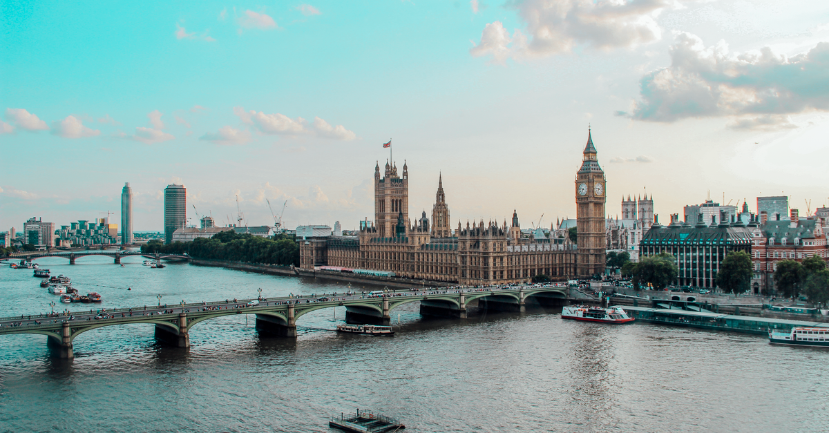 Captivating aerial view of Westminster Palace, Big Ben, and River Thames in London, UK.