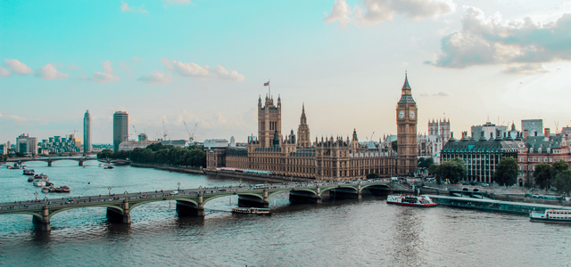 Captivating aerial view of Westminster Palace, Big Ben, and River Thames in London, UK.