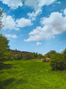 Serene landscape of green meadow with trees and blue sky in İncesu, Kayseri, Türkiye.