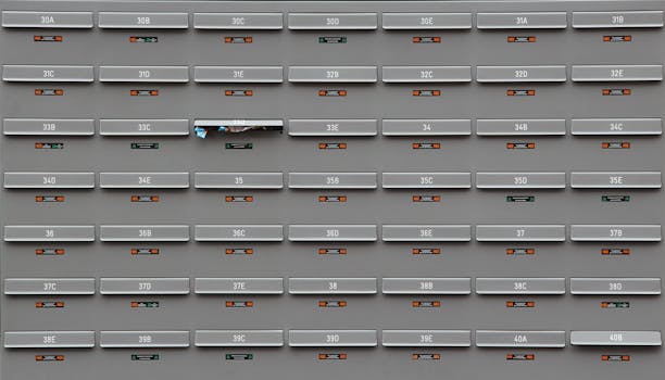 A grid of grey mailboxes with number labels showing an organized system.