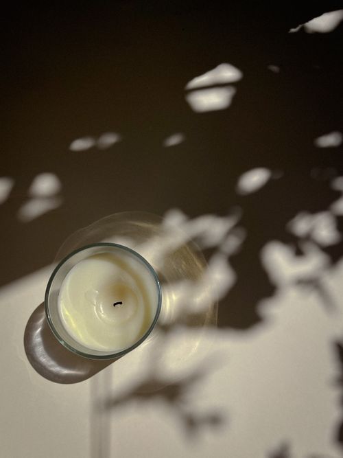 Free Minimalist top view of a candle casting intricate leaf shadows, creating a serene ambiance. Stock Photo