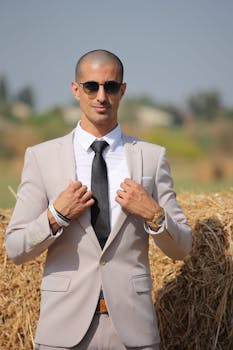 A stylish man in sunglasses and suit posing confidently outdoors, set against a hay backdrop on a sunny day.