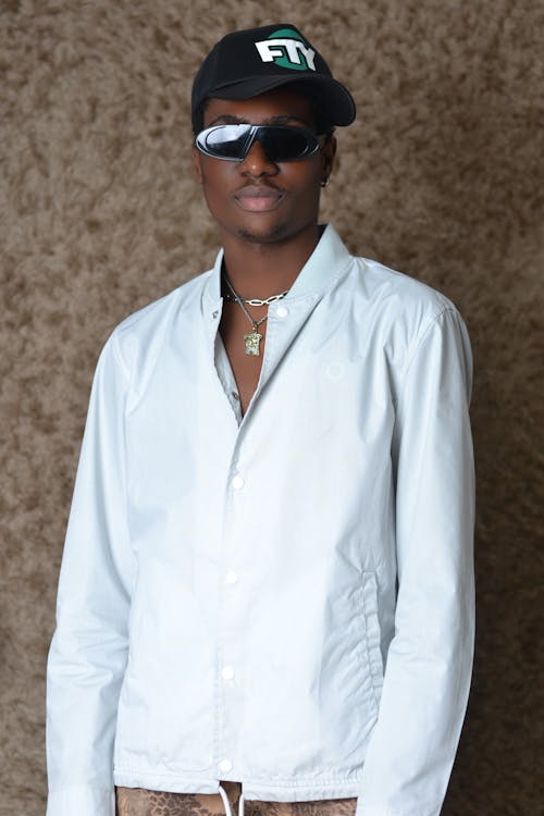 Man Posing in Shirt, Cap and Sunglasses