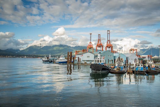 Scenic view of boats docked at Vancouver harbor with mountains and blue sky.