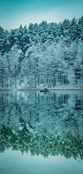 Serene winter scene with snowy trees reflecting in a calm lake