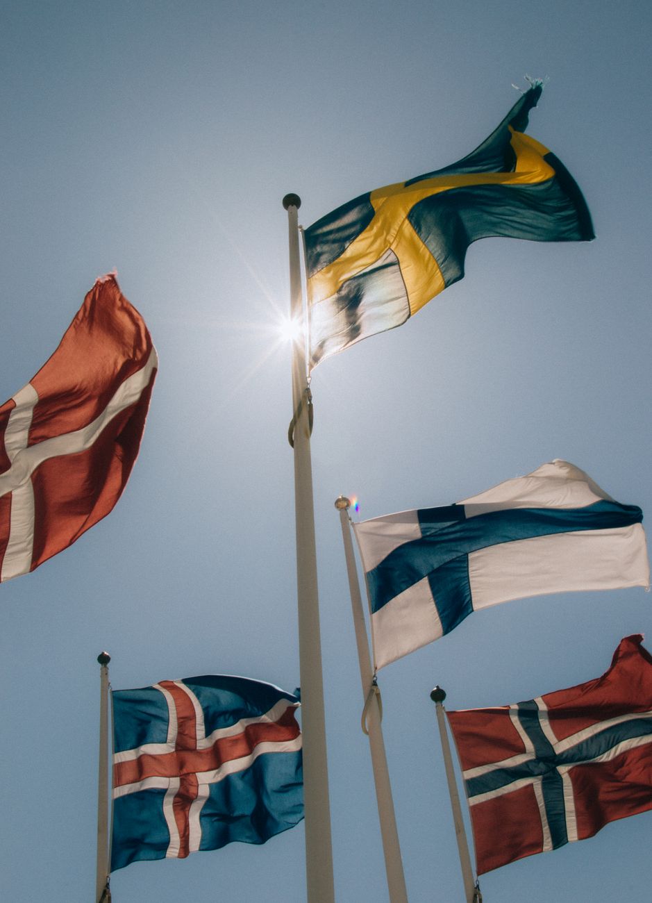 Nordic flags flying together, reflecting the regional setting in which Iceland's EU debate is unfolding.